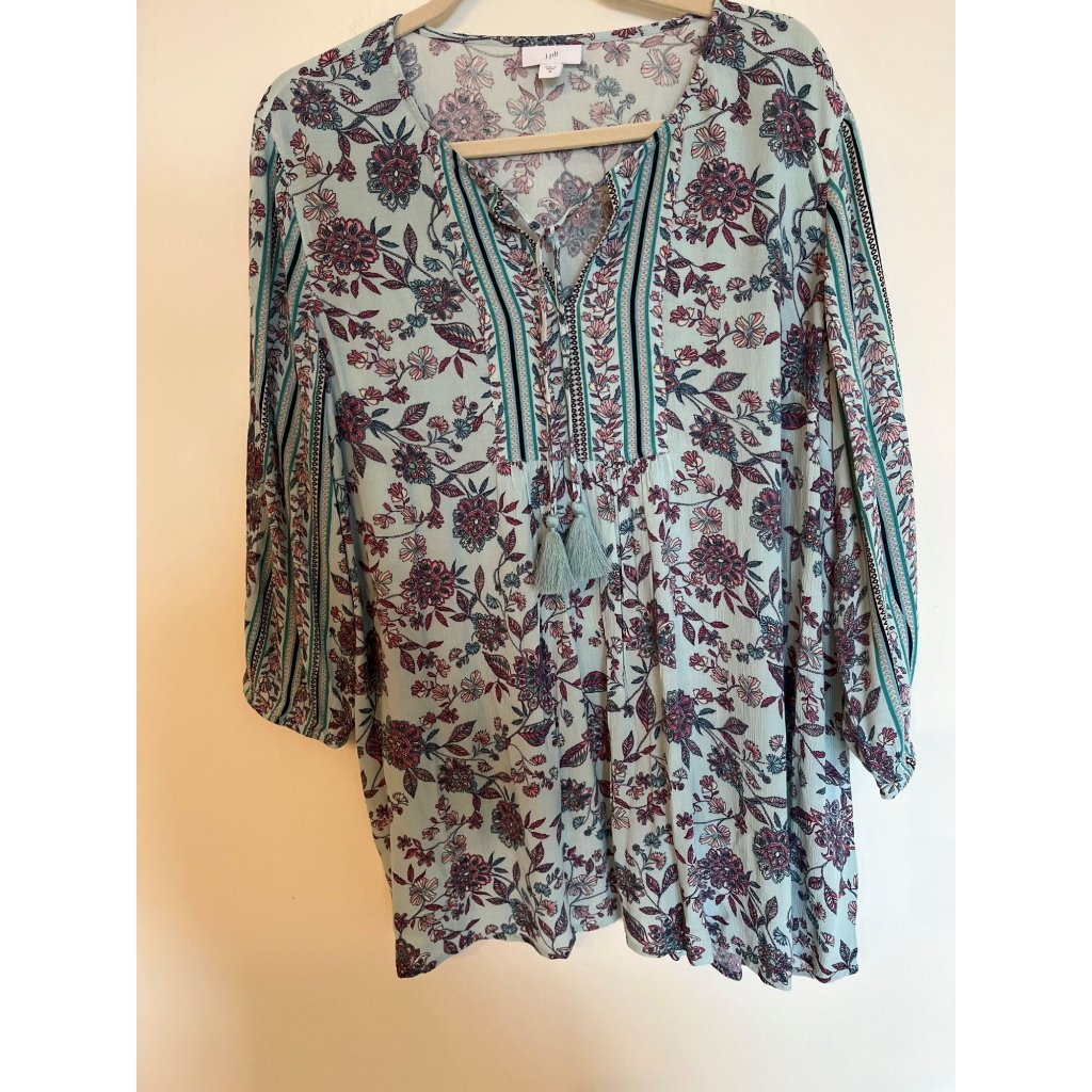 J.Jill Women's Boho Flowy, Smocked Blue Floral Tunic/Top - Medium